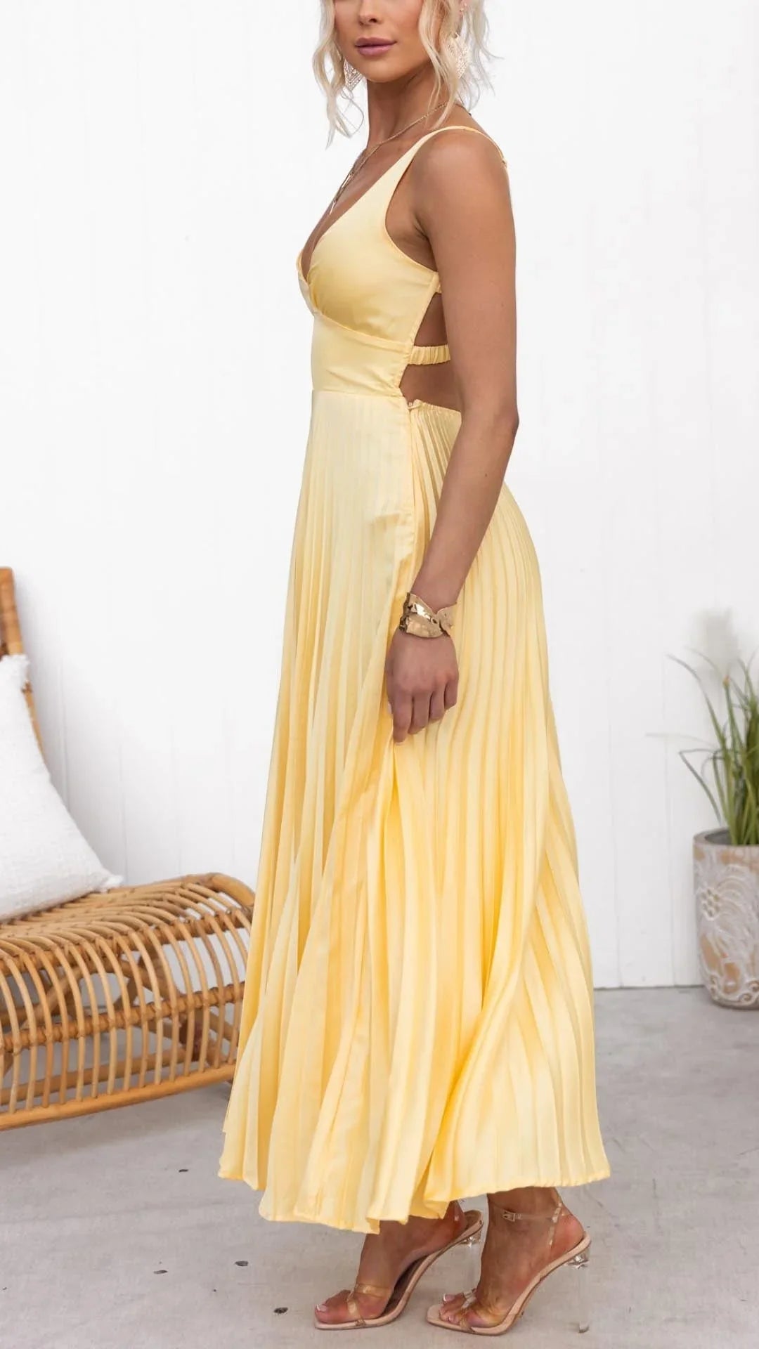 Mandi Women's Maxi Dress | Elegant Yellow Pleated Design, Flattering V-Neck 2