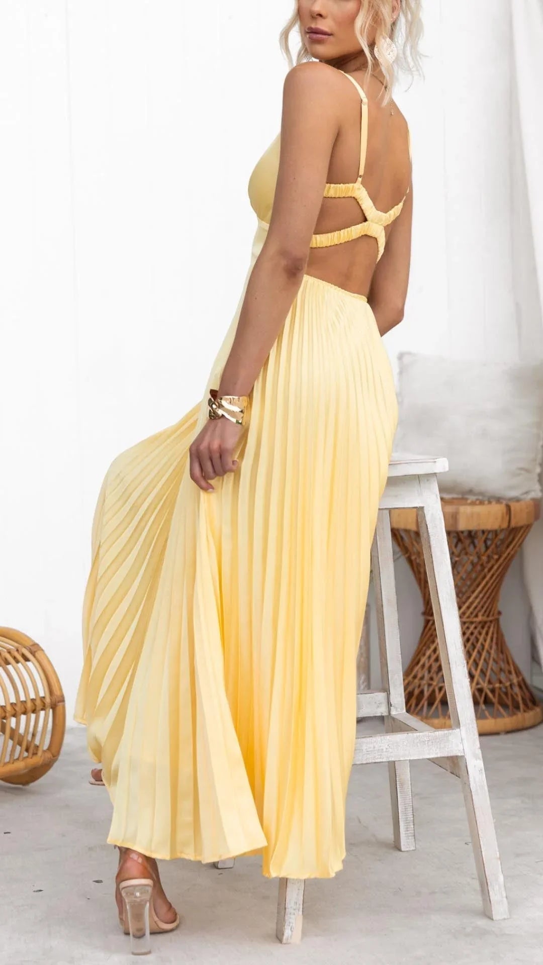 Mandi Women's Maxi Dress | Elegant Yellow Pleated Design, Flattering V-Neck 3