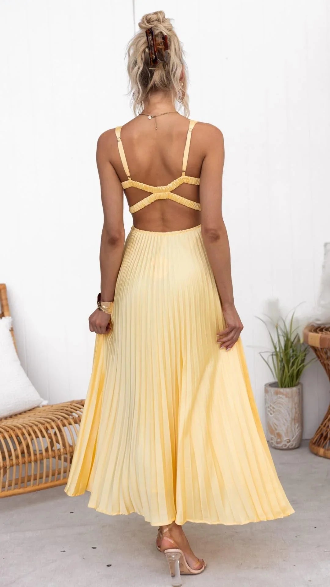 Mandi Women's Maxi Dress | Elegant Yellow Pleated Design, Flattering V-Neck 4