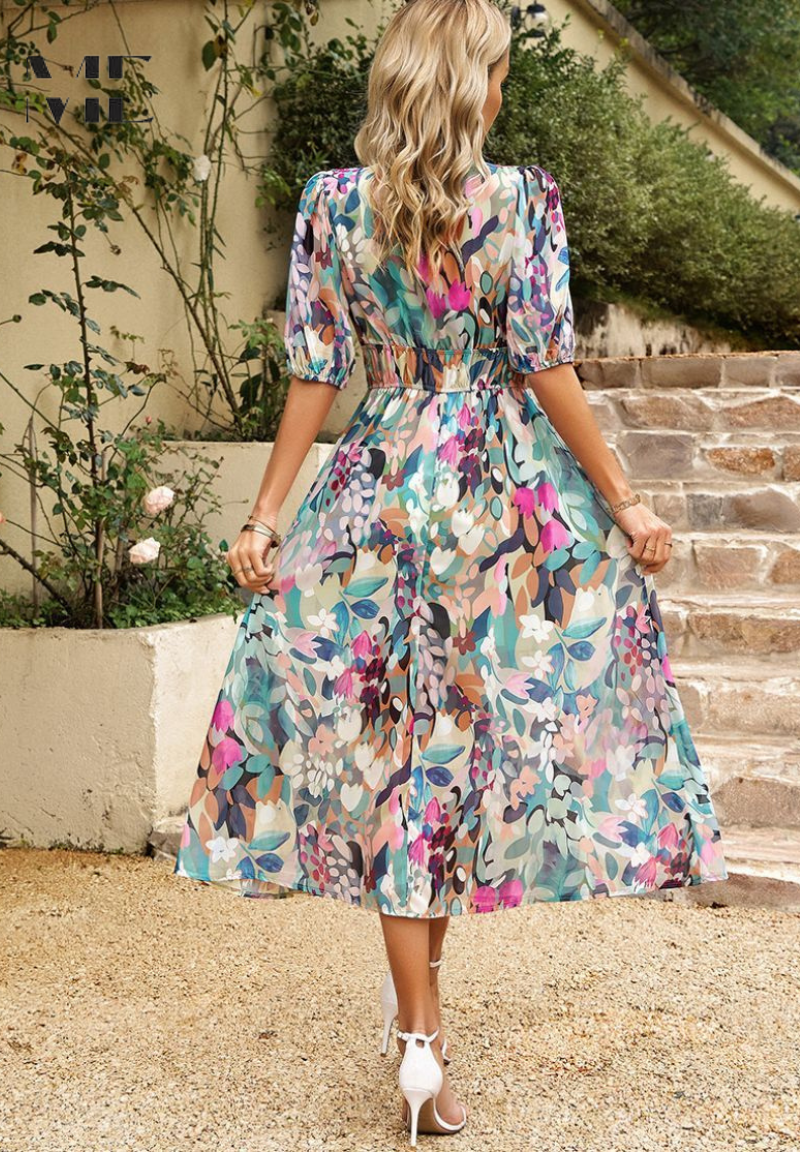 Roxy Women's Midi Dress | Floral Print, Puff Sleeves 2