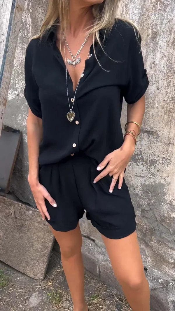 Relaxed Button-Up Shirt & High-Waist Shorts Set – Sorala