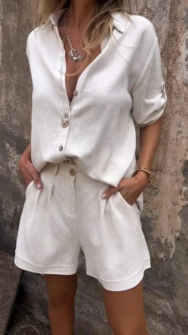 Relaxed Button-Up Shirt & High-Waist Shorts Set – Sorala