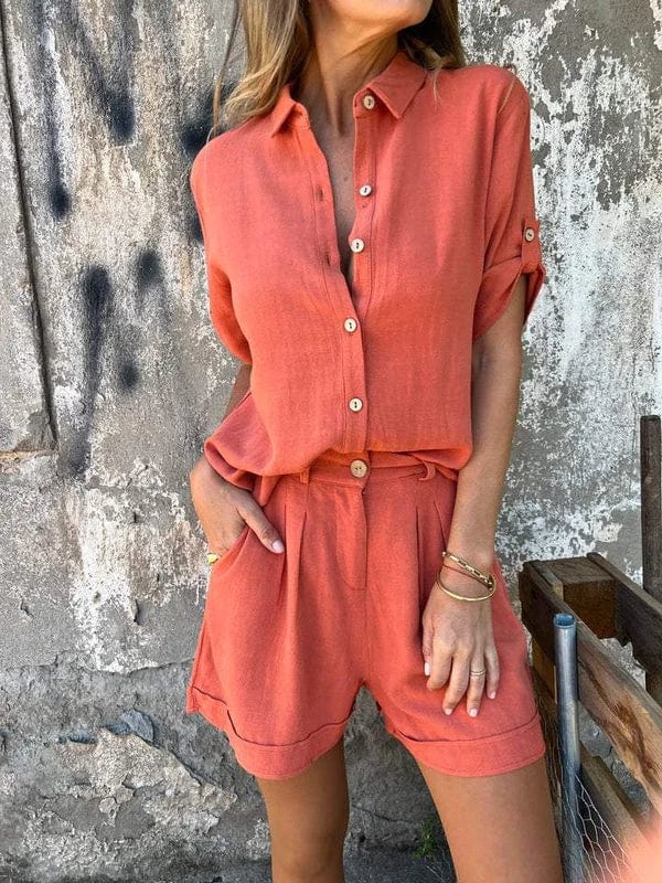 Relaxed Button-Up Shirt & High-Waist Shorts Set – Sorala