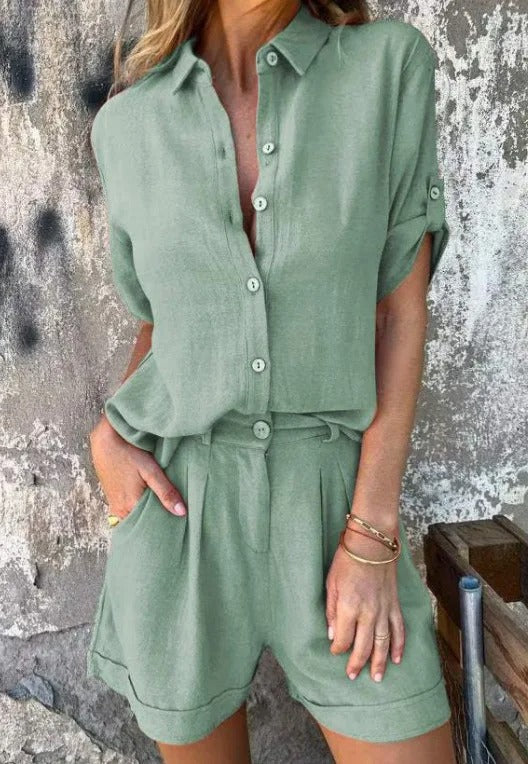 Relaxed Button-Up Shirt & High-Waist Shorts Set – Sorala