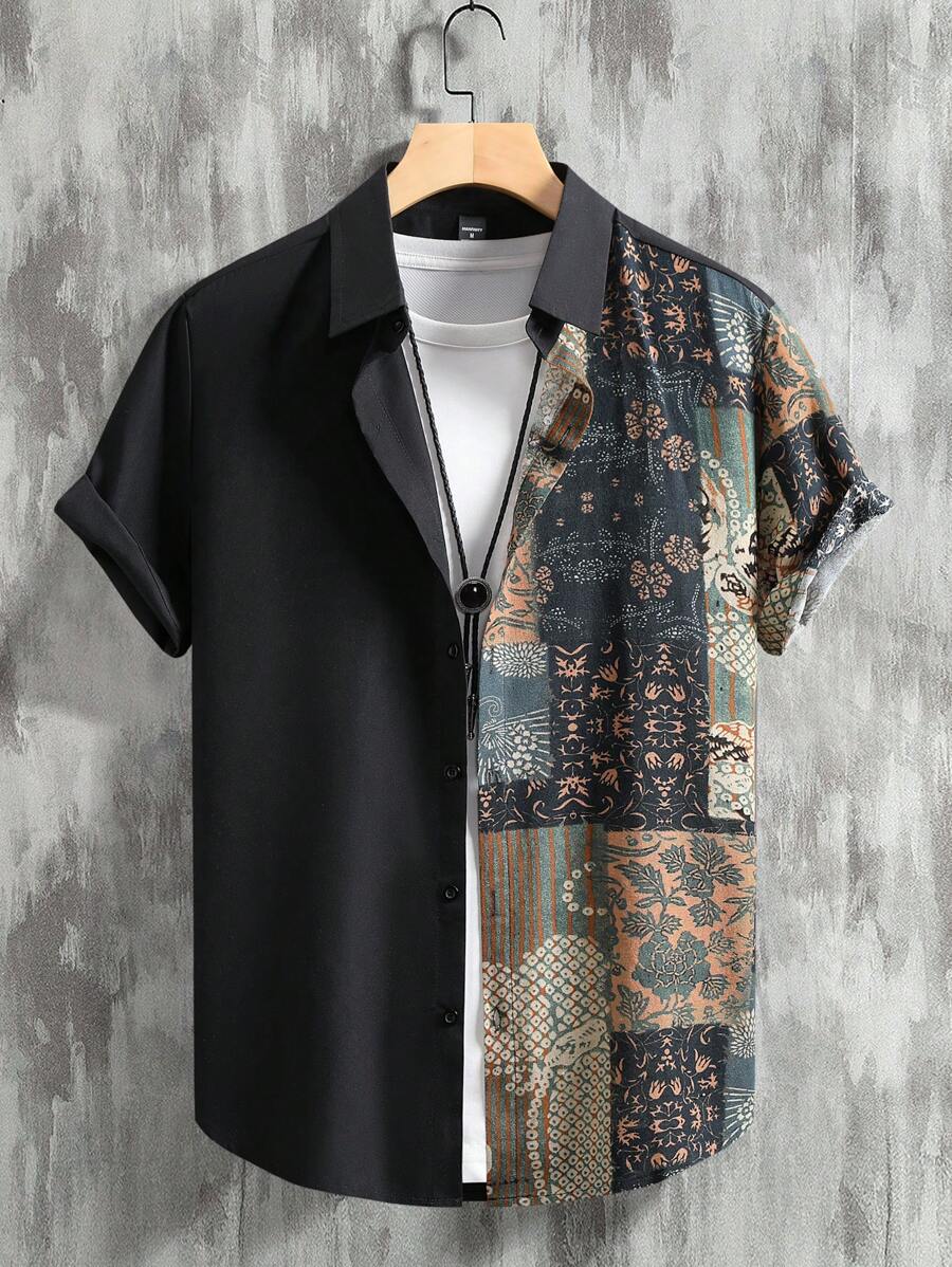 Men’s Patchwork Short Sleeve Shirt – Talvoro