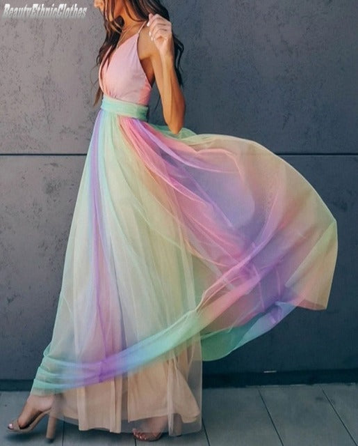 Rainbow Spaghetti Strap Maxi Dress – Auraya