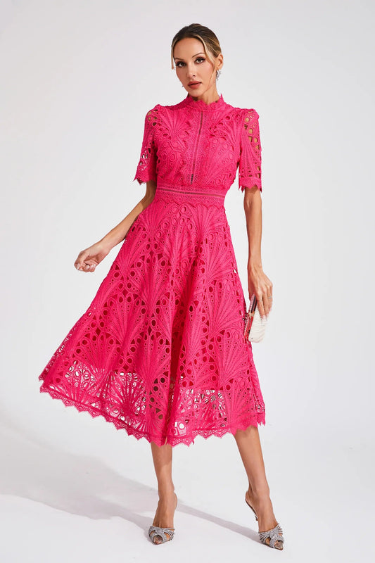 Lila Women's Midi Dress | Lace Accents, Elegant Silhouette 0