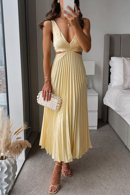 Elegant Pleated Satin Midi Dress - Lunelle