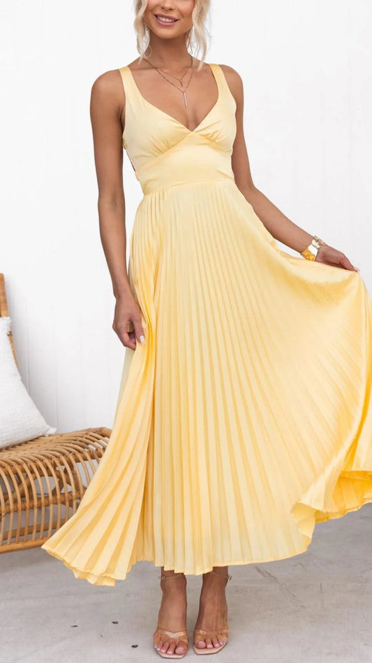Mandi Women's Maxi Dress | Elegant Yellow Pleated Design, Flattering V-Neck 0