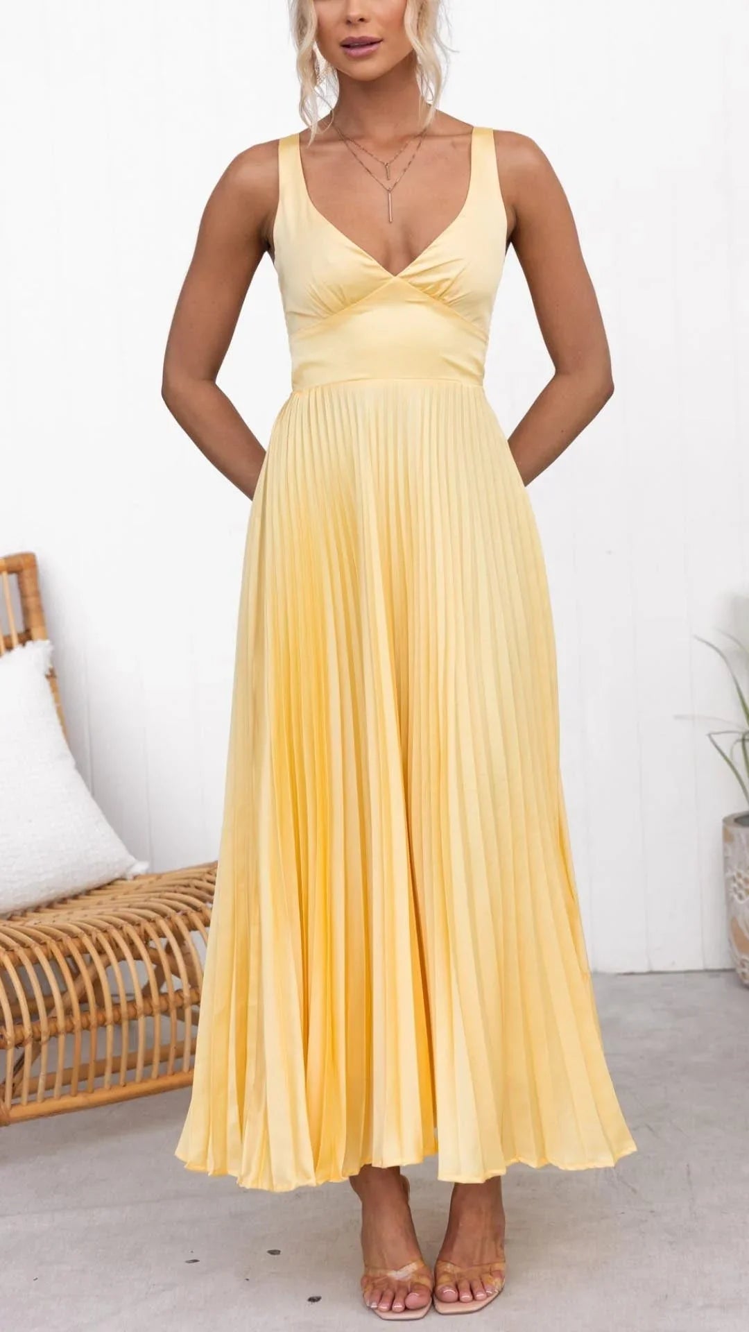 Mandi Women's Maxi Dress | Elegant Yellow Pleated Design, Flattering V-Neck 1