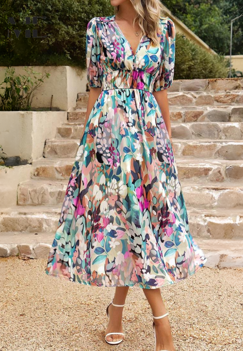 Roxy Women's Midi Dress | Floral Print, Puff Sleeves 3