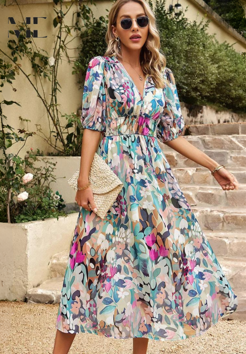 Roxy Women's Midi Dress | Floral Print, Puff Sleeves 4