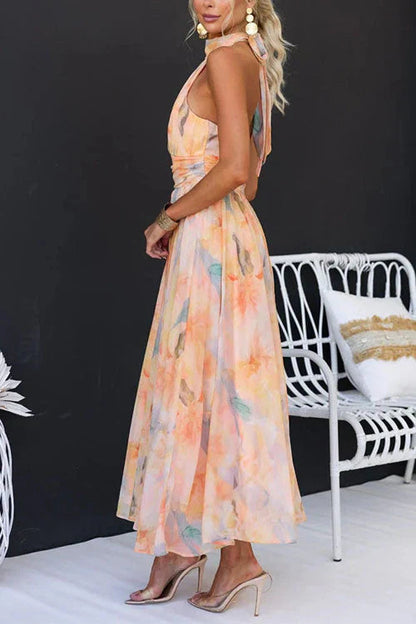 Sable Women's Maxi Dress | Artistic Watercolour Print, Halter Neck, Lightweight 4