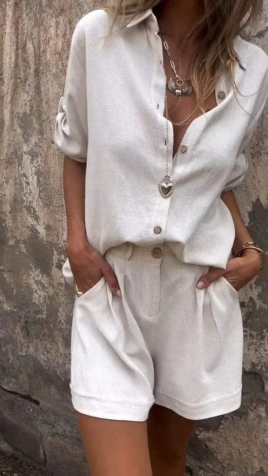 Relaxed Button-Up Shirt & High-Waist Shorts Set – Sorala