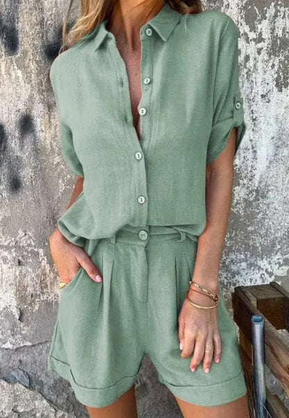 Relaxed Button-Up Shirt & High-Waist Shorts Set – Sorala