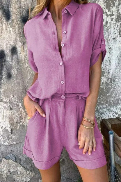 Relaxed Button-Up Shirt & High-Waist Shorts Set – Sorala