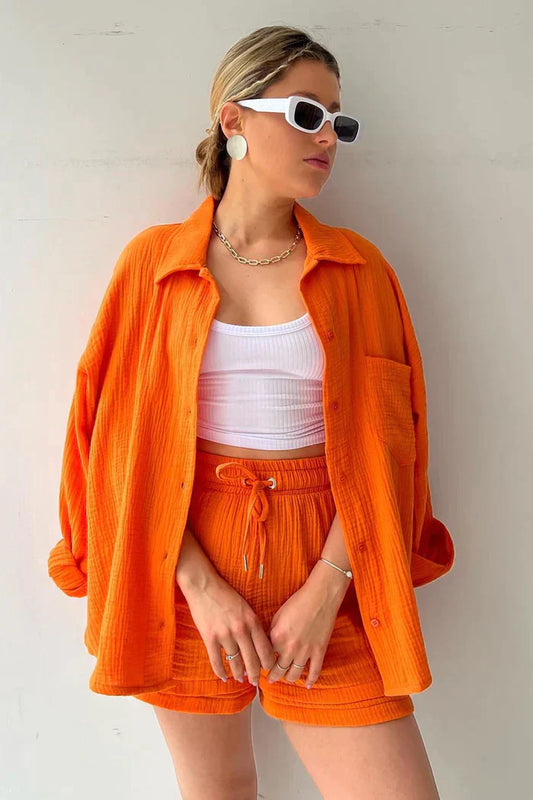 Textured Co-ord Set with Oversized Shirt & Shorts – Velano