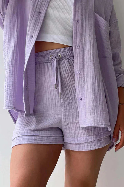 Textured Co-ord Set with Oversized Shirt & Shorts – Velano