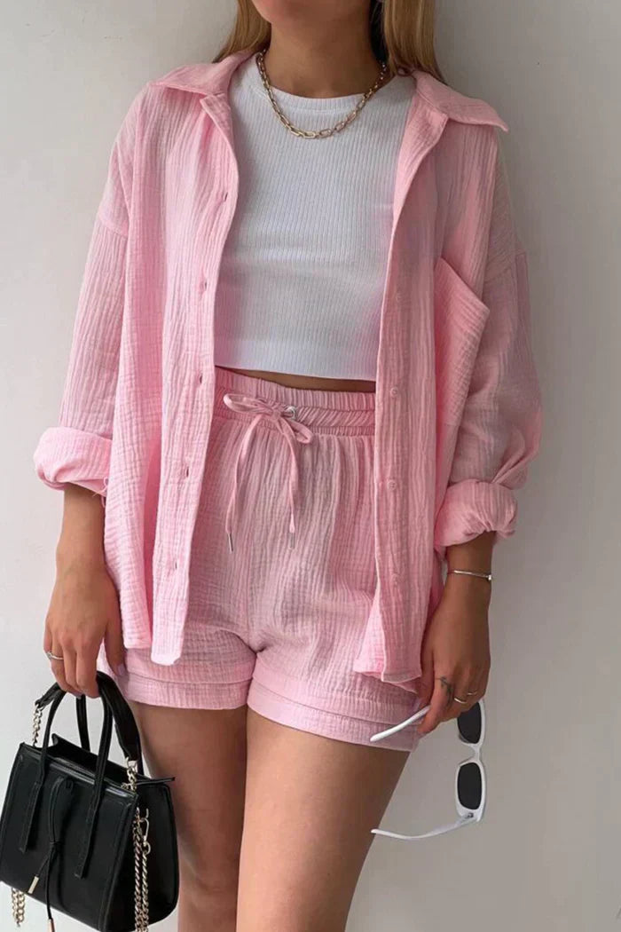 Textured Co-ord Set with Oversized Shirt & Shorts – Velano