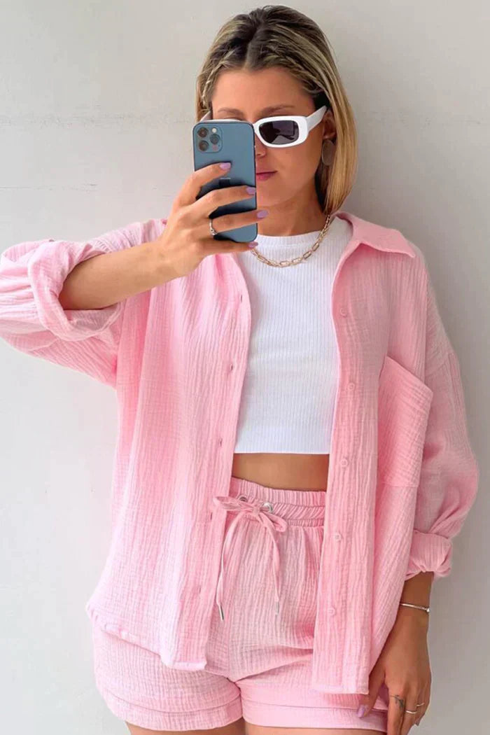 Textured Co-ord Set with Oversized Shirt & Shorts – Velano