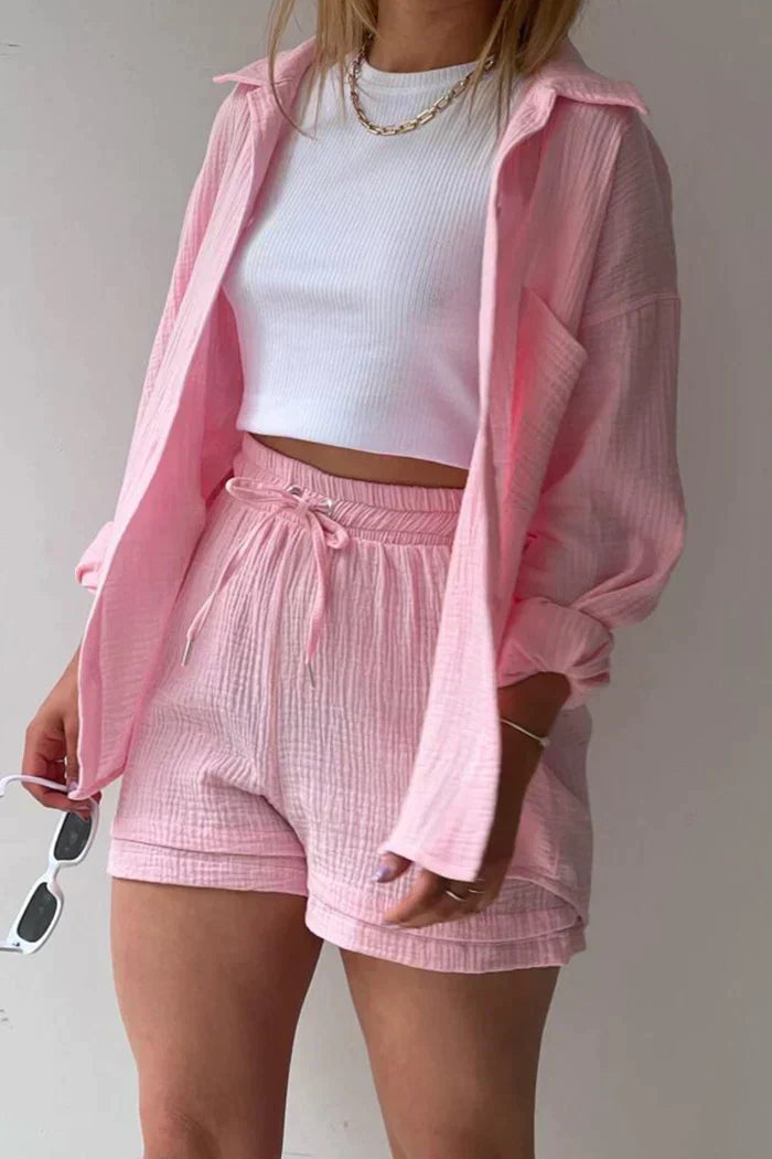 Textured Co-ord Set with Oversized Shirt & Shorts – Velano