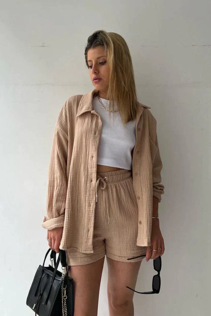 Textured Co-ord Set with Oversized Shirt & Shorts – Velano