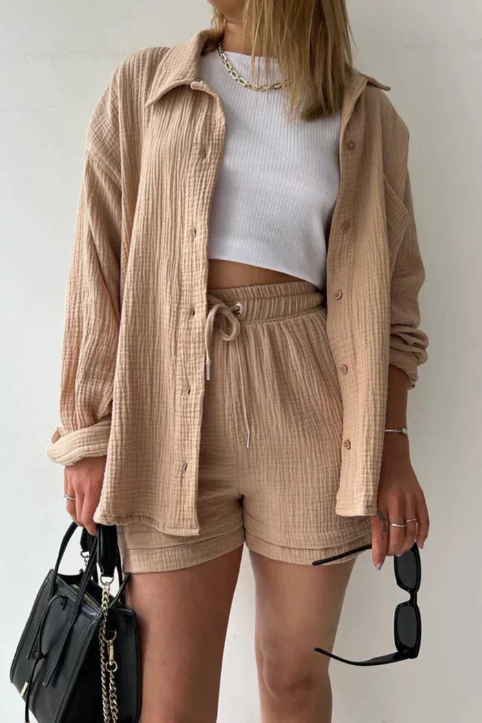 Textured Co-ord Set with Oversized Shirt & Shorts – Velano