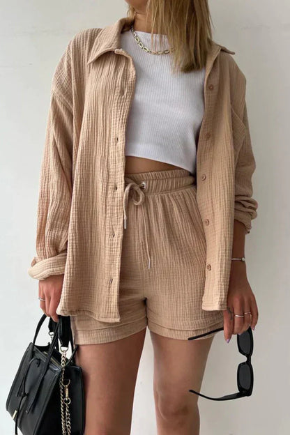 Textured Co-ord Set with Oversized Shirt & Shorts – Velano