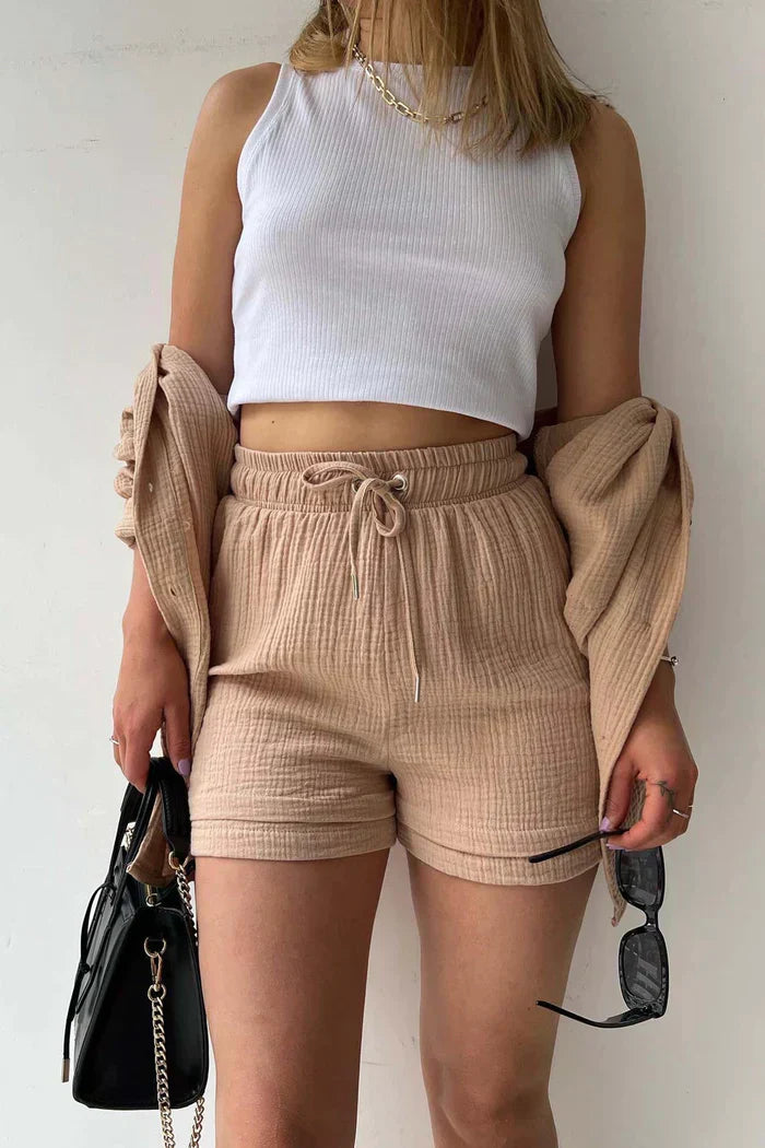 Textured Co-ord Set with Oversized Shirt & Shorts – Velano