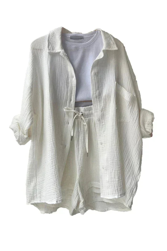 Textured Co-ord Set with Oversized Shirt & Shorts – Velano