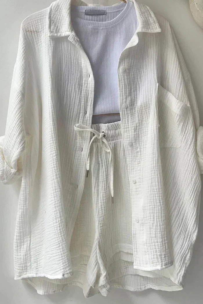 Textured Co-ord Set with Oversized Shirt & Shorts – Velano