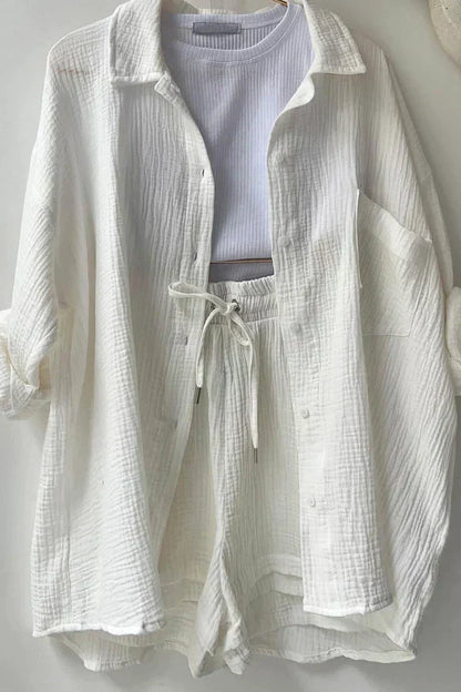 Textured Co-ord Set with Oversized Shirt & Shorts – Velano