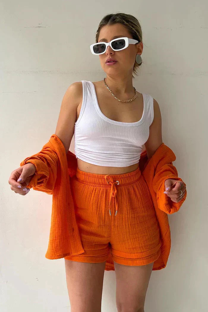 Textured Co-ord Set with Oversized Shirt & Shorts – Velano