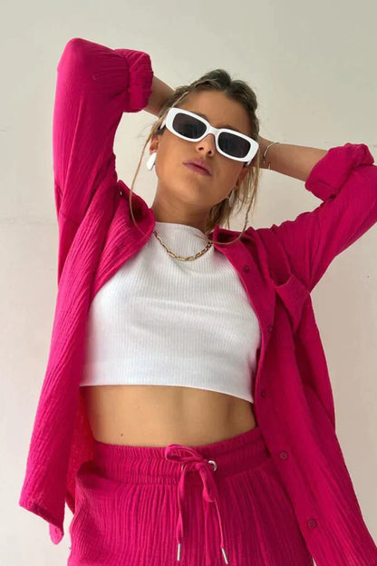 Textured Co-ord Set with Oversized Shirt & Shorts – Velano
