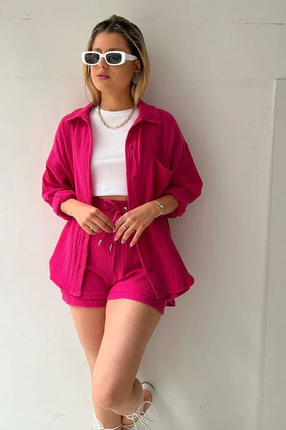 Textured Co-ord Set with Oversized Shirt & Shorts – Velano