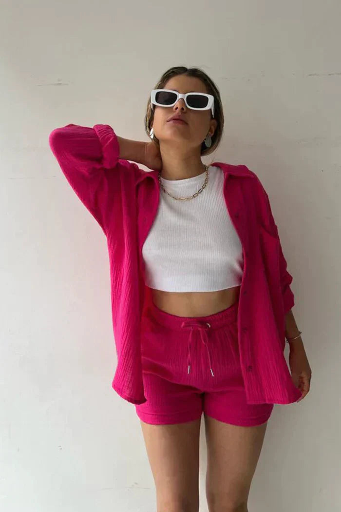 Textured Co-ord Set with Oversized Shirt & Shorts – Velano
