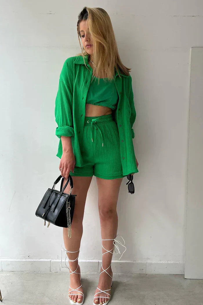 Textured Co-ord Set with Oversized Shirt & Shorts – Velano