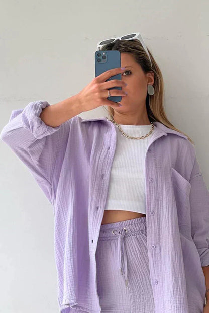Textured Co-ord Set with Oversized Shirt & Shorts – Velano