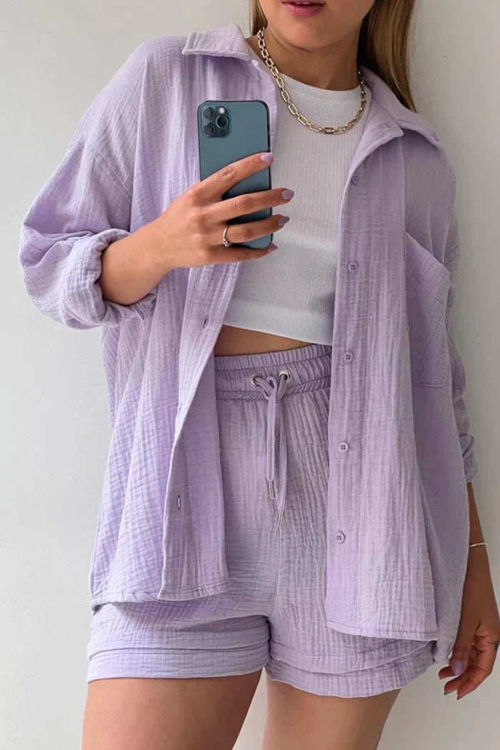Textured Co-ord Set with Oversized Shirt & Shorts – Velano