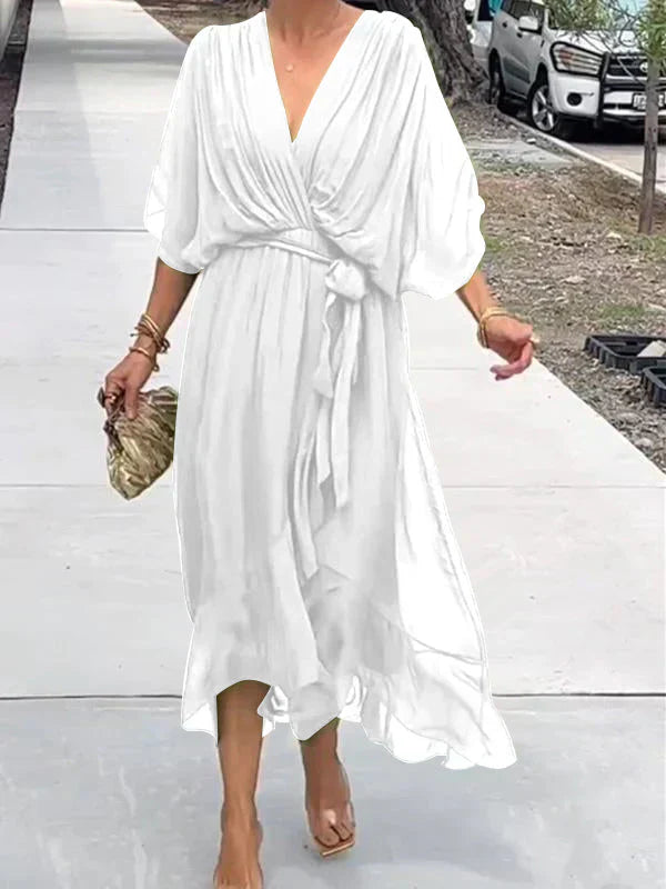 Willa Women's White Dress | Lightweight Silk Muslin, Elegant V-Neck 6